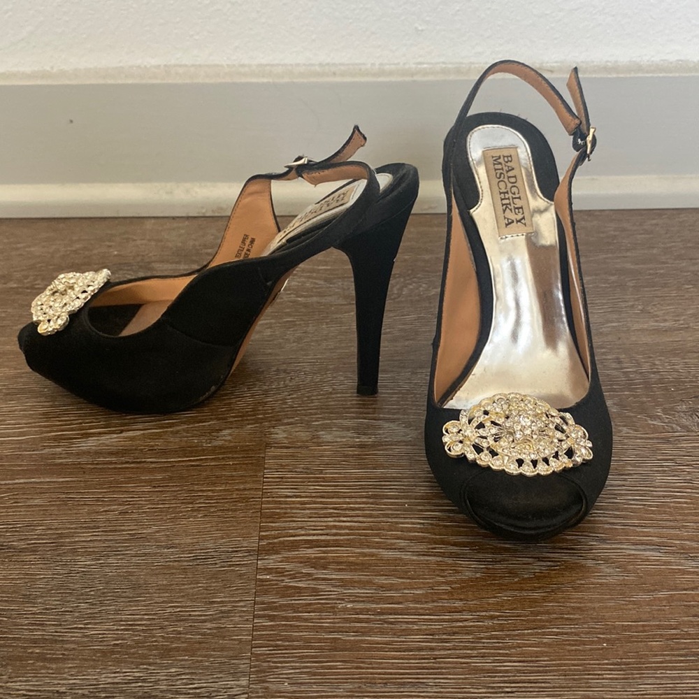 Black, jeweled, Badgley Mischka heels. Size 6M. Adjustable heel strap.